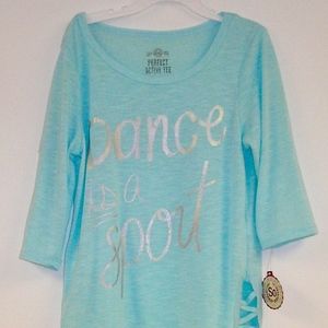 GIRLS AQUA TEE "DANCE IS A SPORT", SIZE 7-8 NWT
